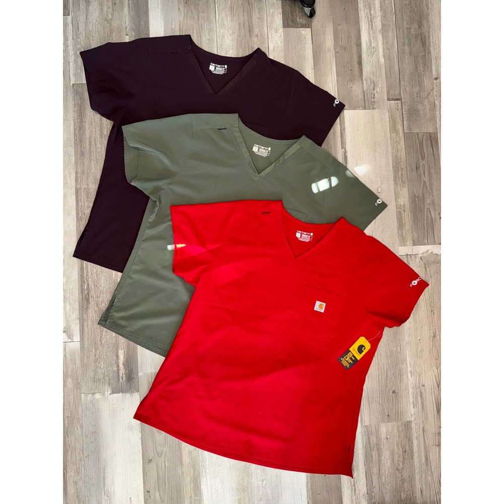 Carhartt Force Scrub Tops Women Red Olive Plum Rugged Flex Lot of 3 Size Large